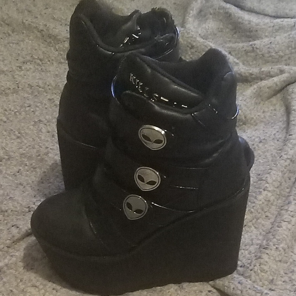 Killstar Black Wedge Shoes with Alien Details
